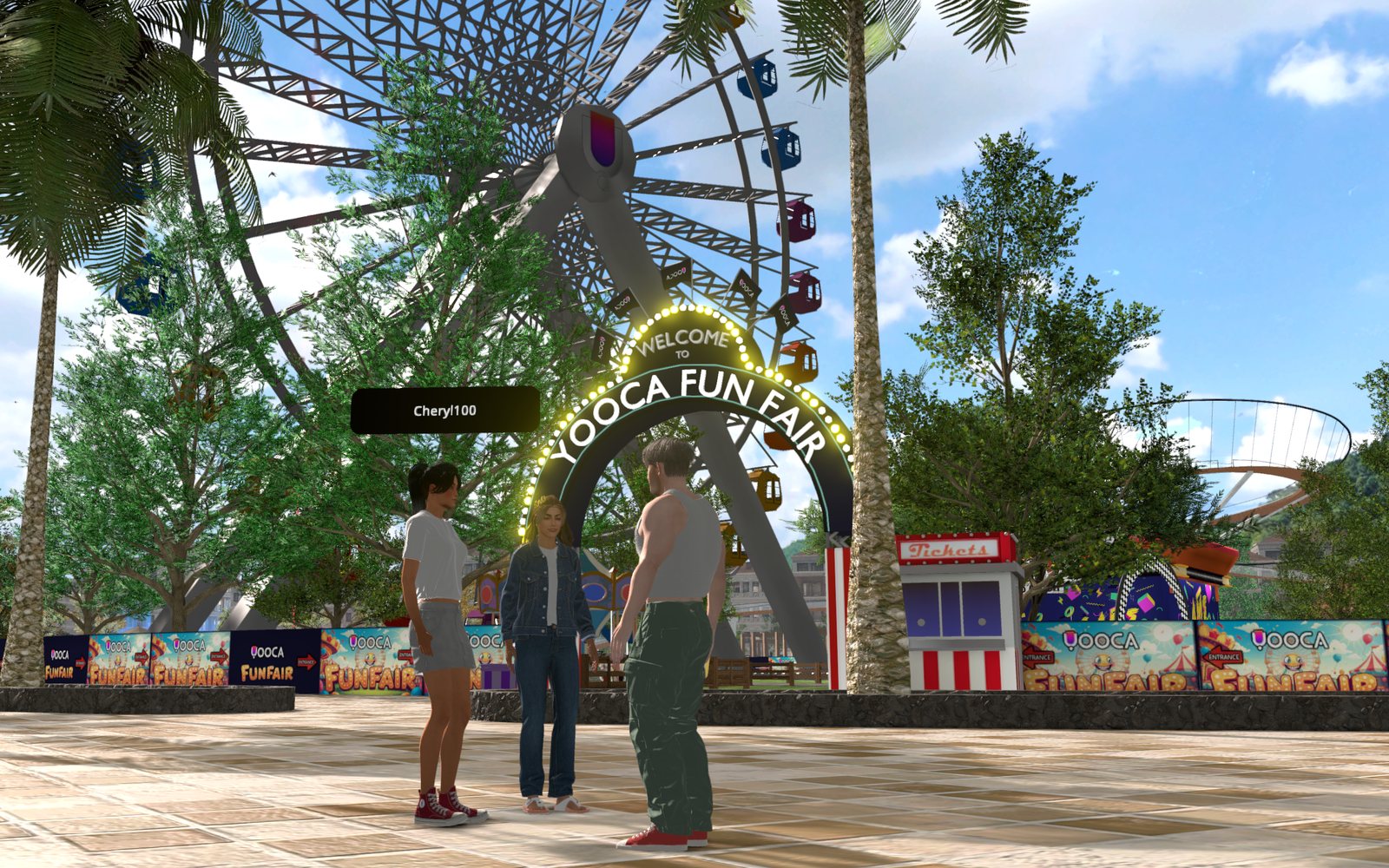 Three players chatting outside the Yooca Fun Fair in Yooca: Your Life, with the Ferris wheel behind them
