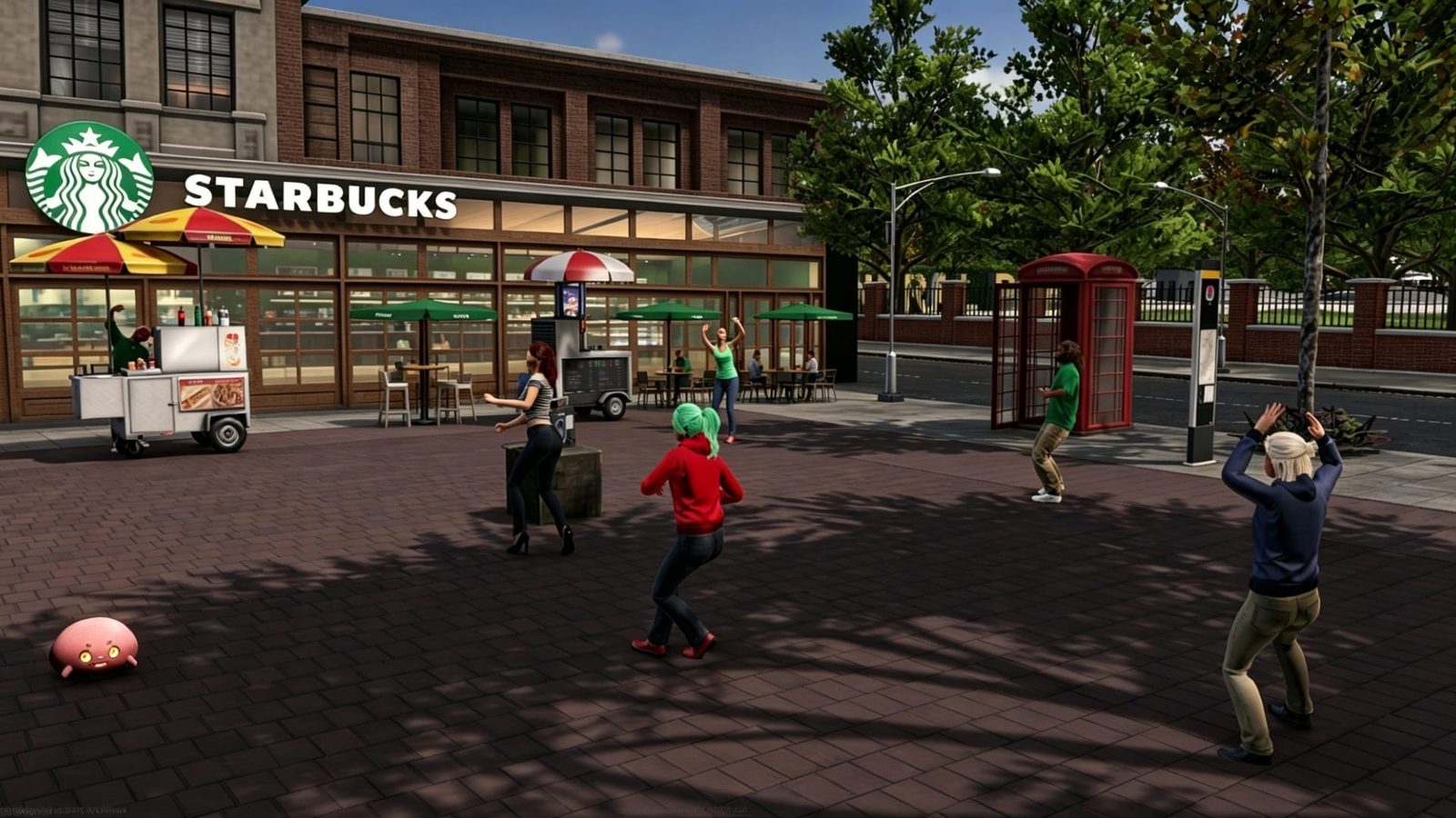 Players on a city square outside Starbucks