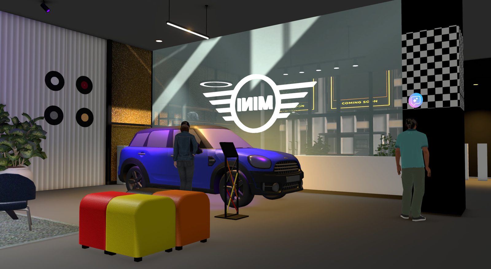 Inside the MINI showroom in Yooca with a car on display and players browsing