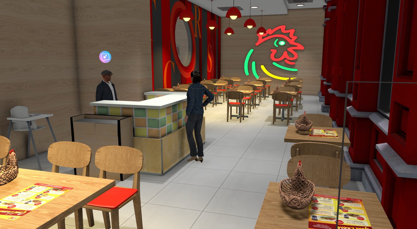 Inside The Chicken Rice Shop in Yooca with neon signage and dining tables