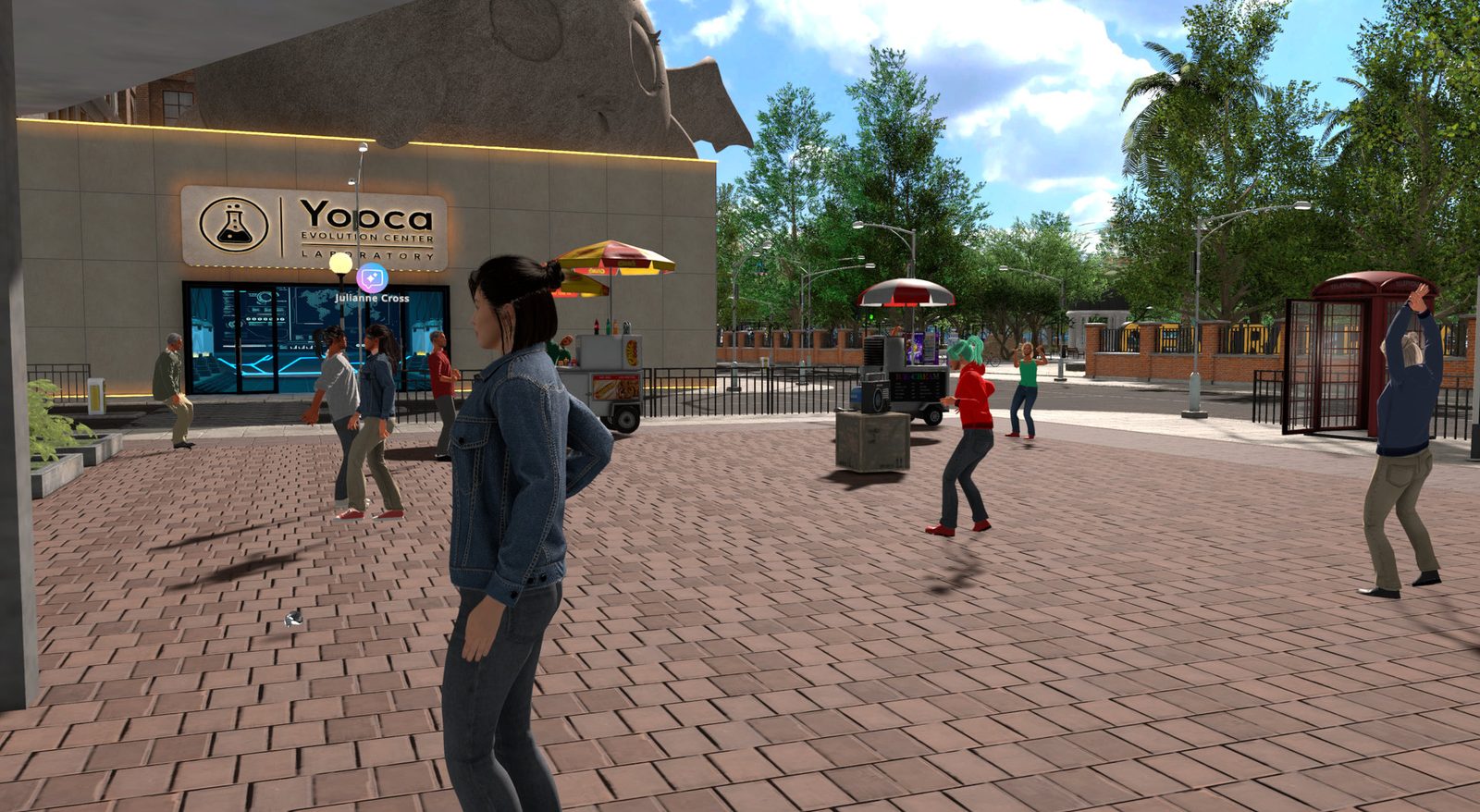 A crowd of players gathered outside the Yooca Evolution Center in the city