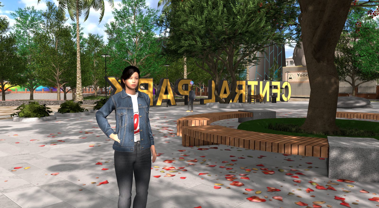 Central Park in the Yooca city with benches, trees and fallen blossom