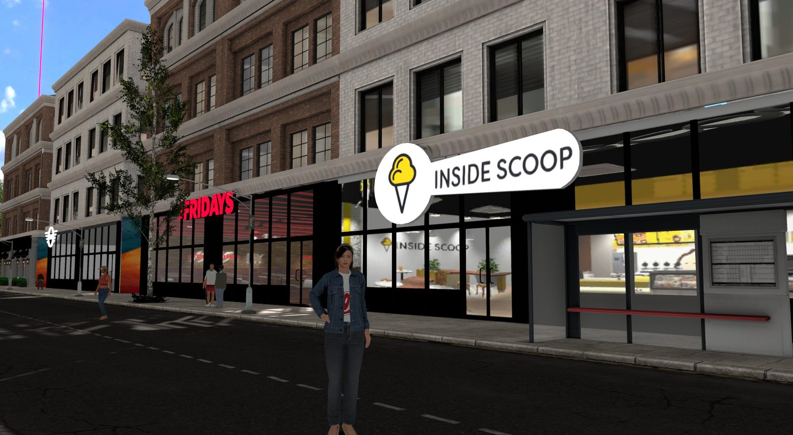 A city street in Yooca lined with real brand storefronts including TGI Fridays and Inside Scoop