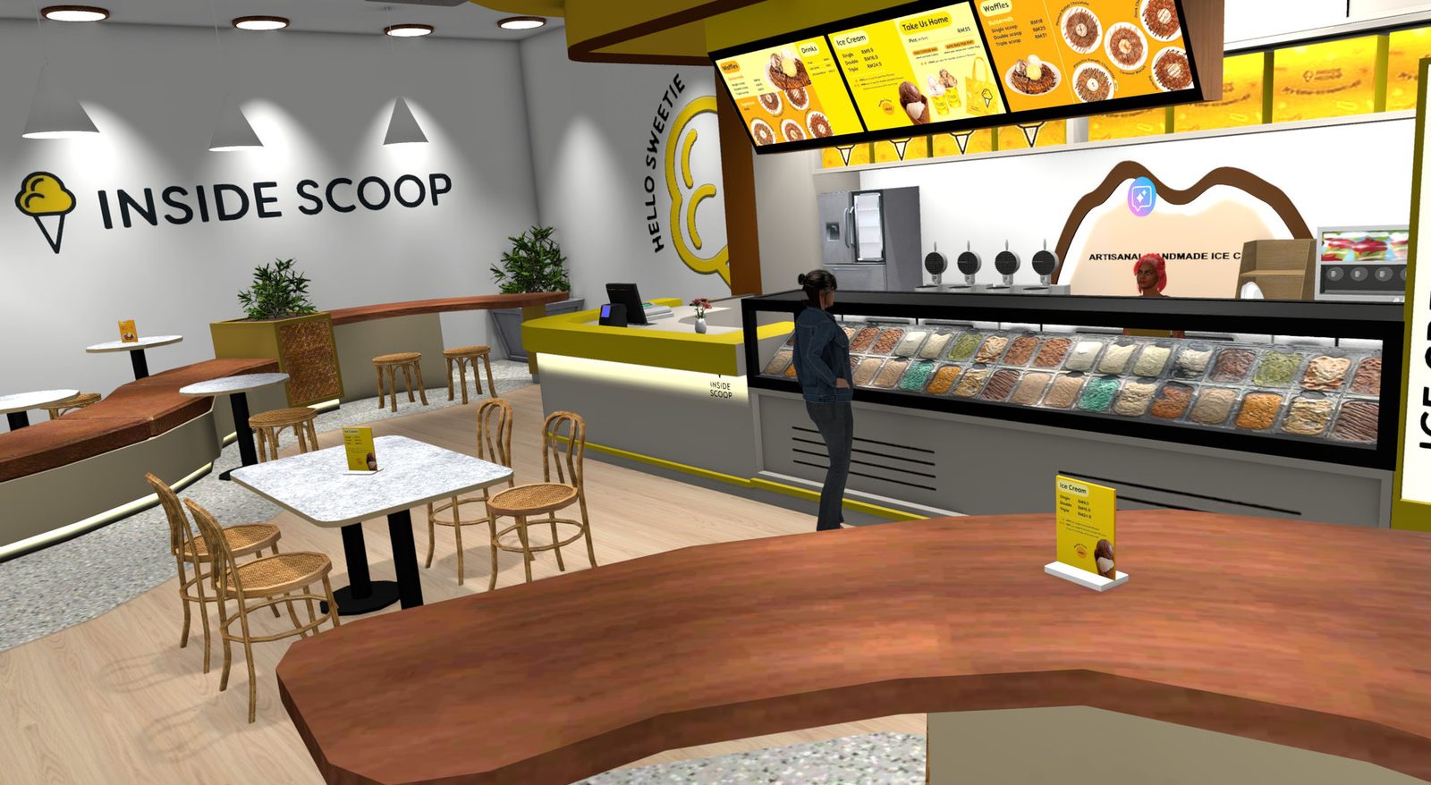 Inside the Inside Scoop ice cream parlour in Yooca, showing the gelato display counter and menu screens