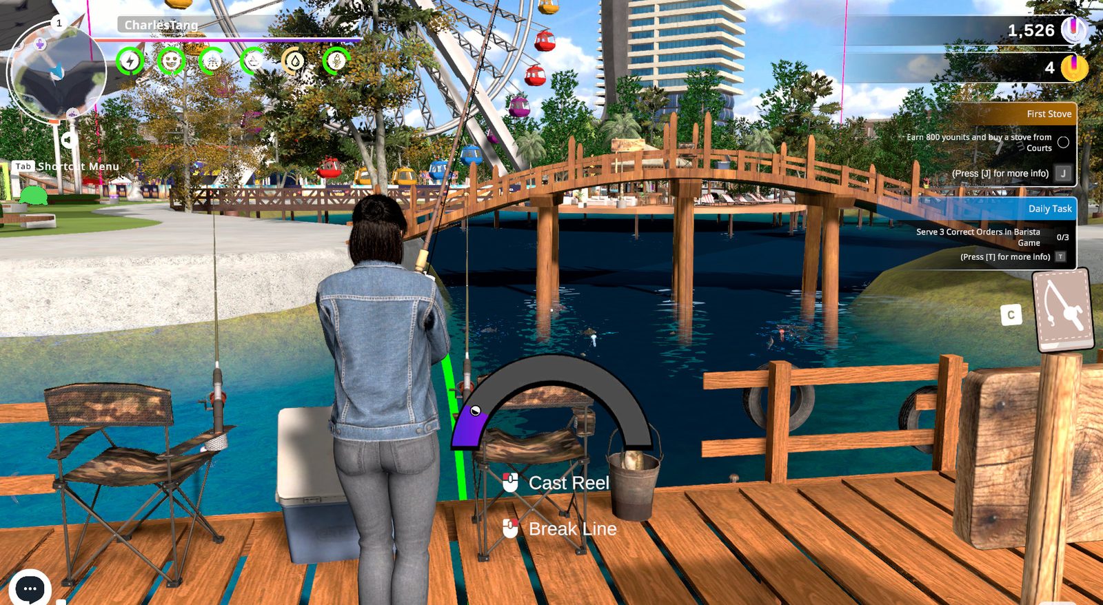 Fishing from a pier in Yooca, showing the reel tension meter, daily tasks and quest tracker