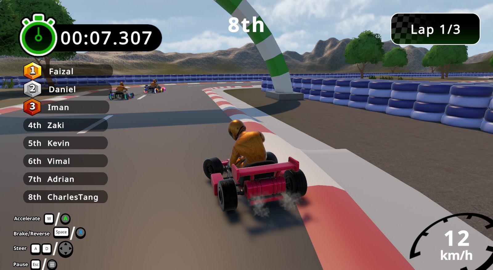 An eight-player go-kart race in Yooca with a live position leaderboard and speedometer