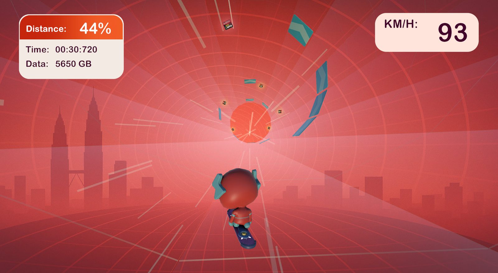 A Tune Talk branded mini-game in Yooca, riding through a stylised Kuala Lumpur skyline collecting data packets
