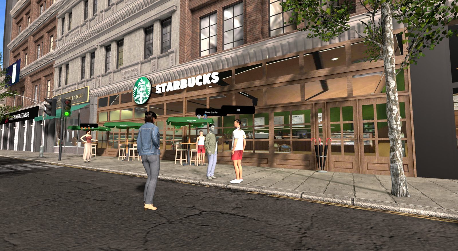 Players standing outside a Starbucks store on a city street inside Yooca: Your Life
