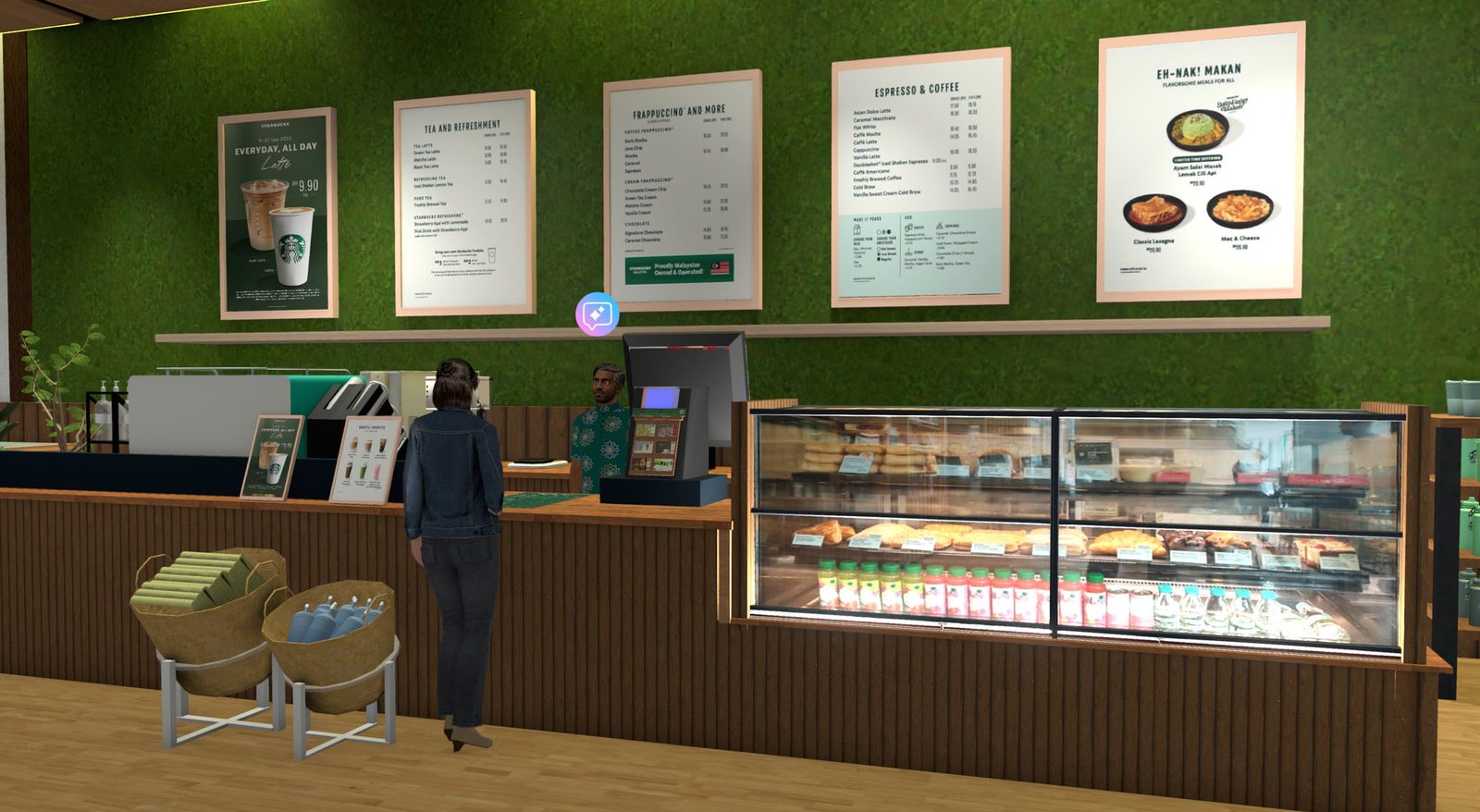 Inside the Starbucks store in Yooca, showing branded menu boards with ringgit pricing and an AI brand assistant behind the counter