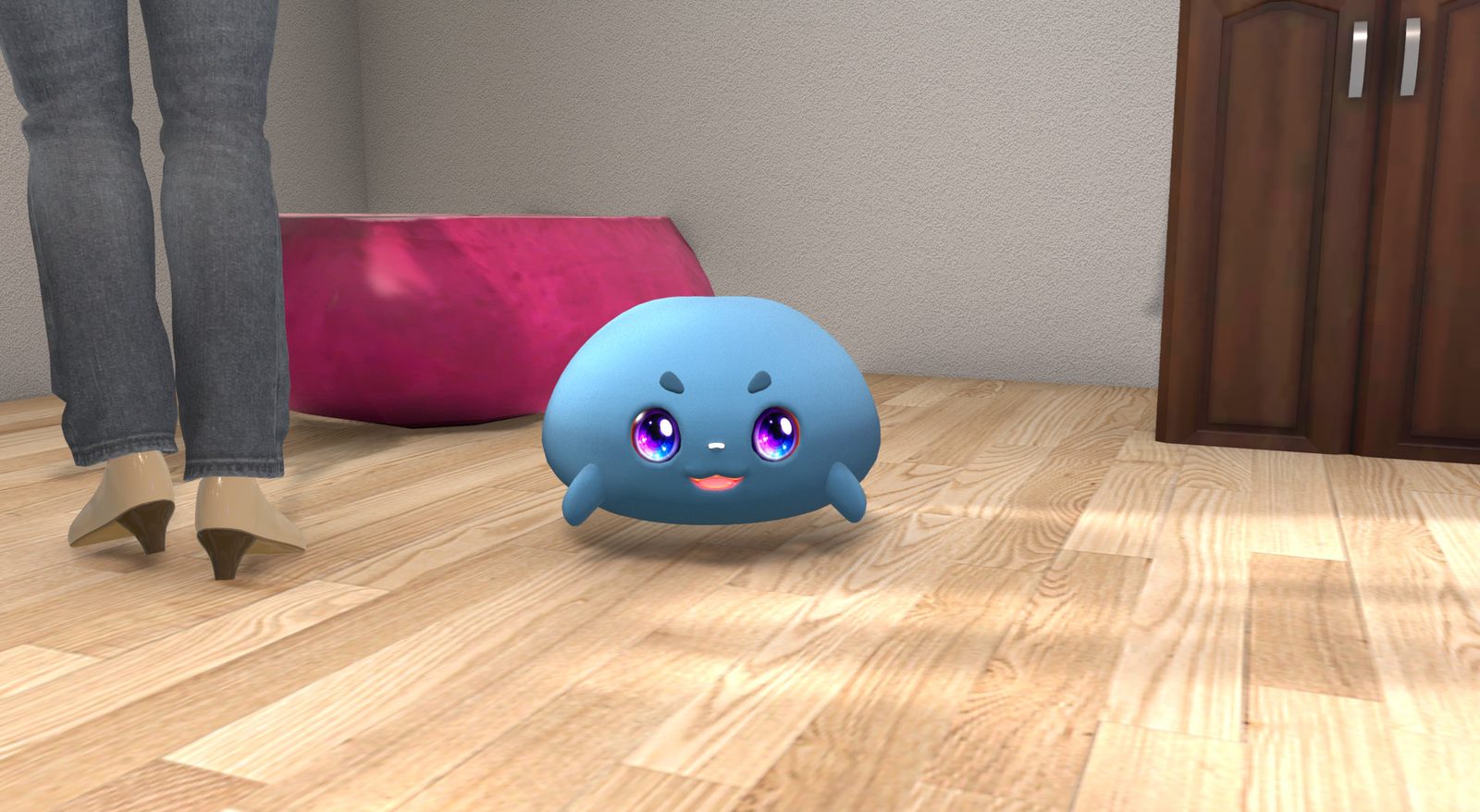 A Yooca Pet, a small blue creature with large eyes, on the floor of a player's home