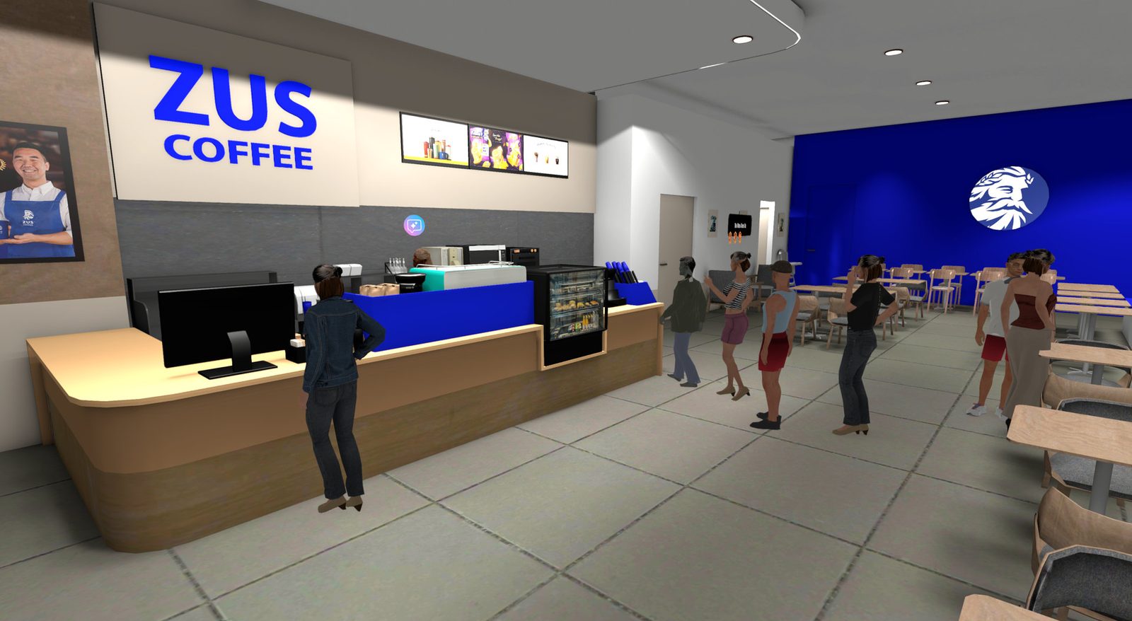 Inside the ZUS Coffee store in Yooca with players at the counter and seating area